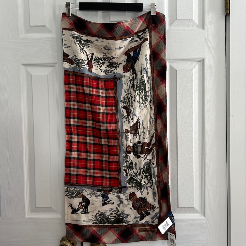 Polo Ralph Lauren Bear Winter Scarf Red Plaid Holiday Ski Skating Rare - Picture 14 of 17
